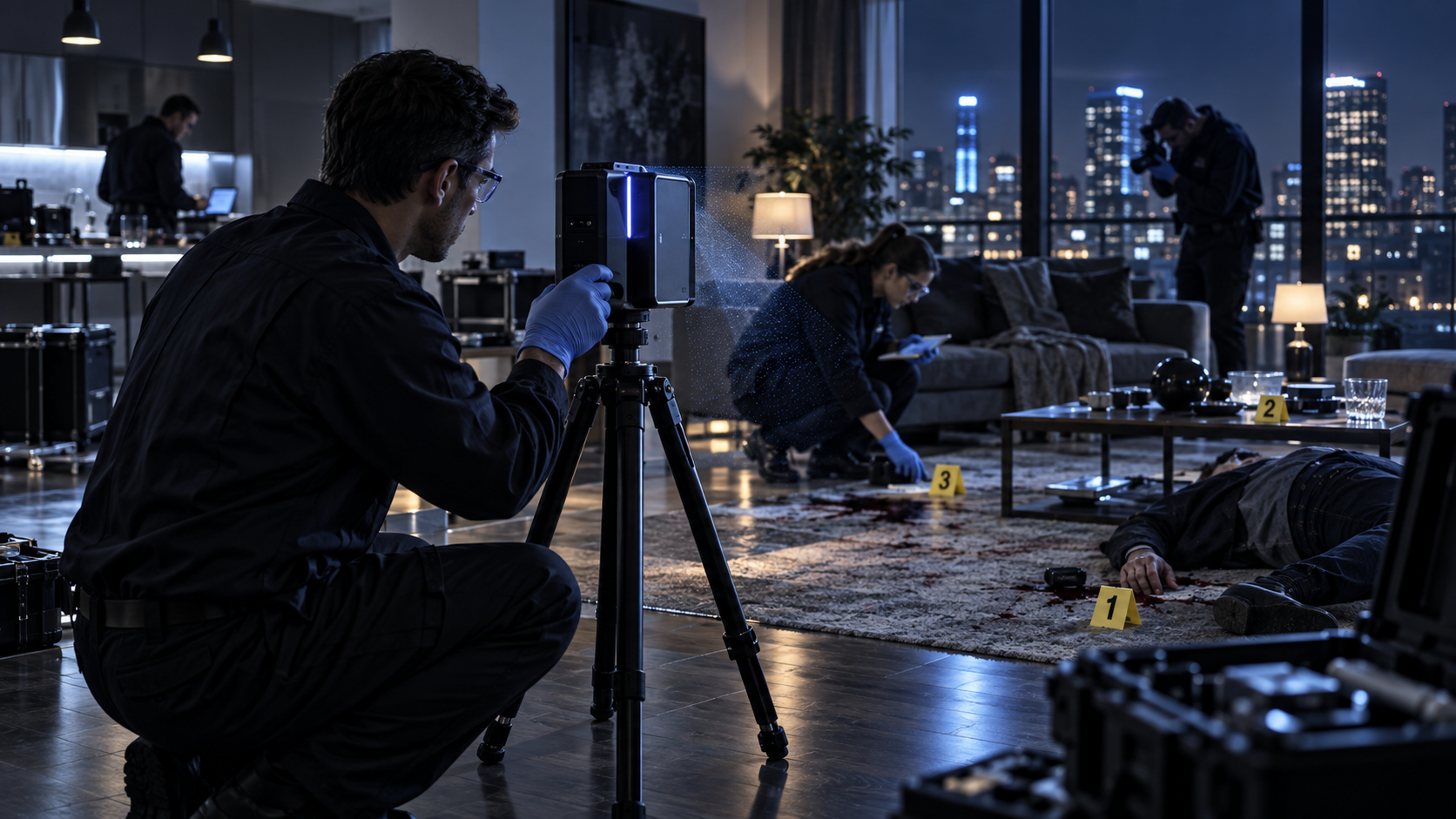 Investigators scanning and documenting an indoor crime scene