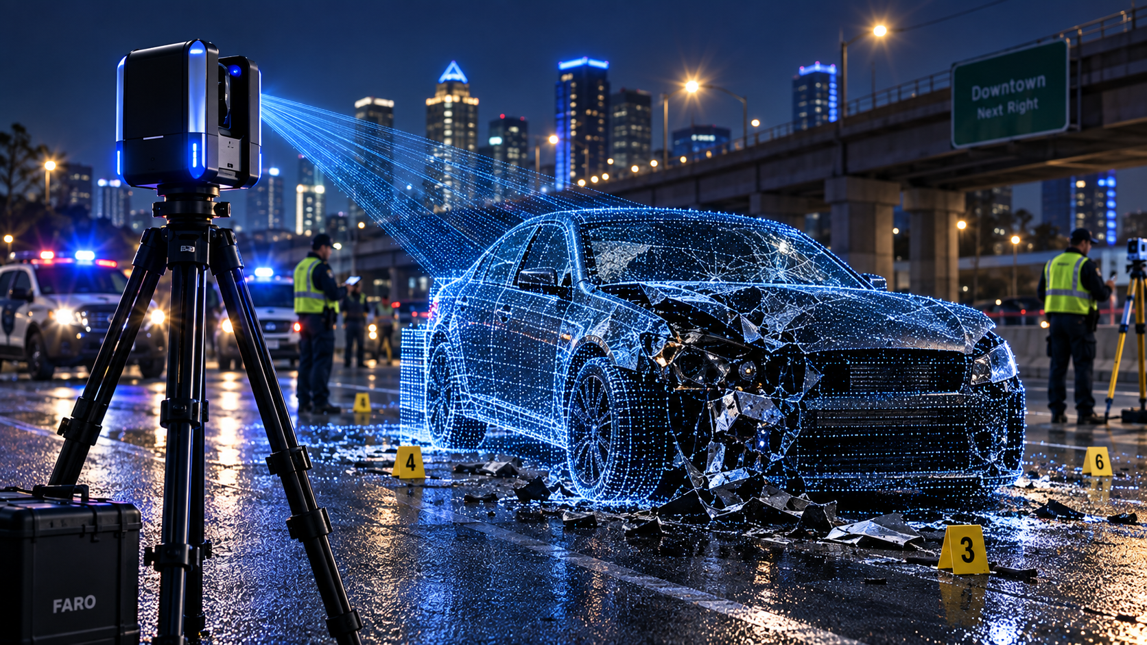 Vehicle collision scene shown with a blue 3D point cloud