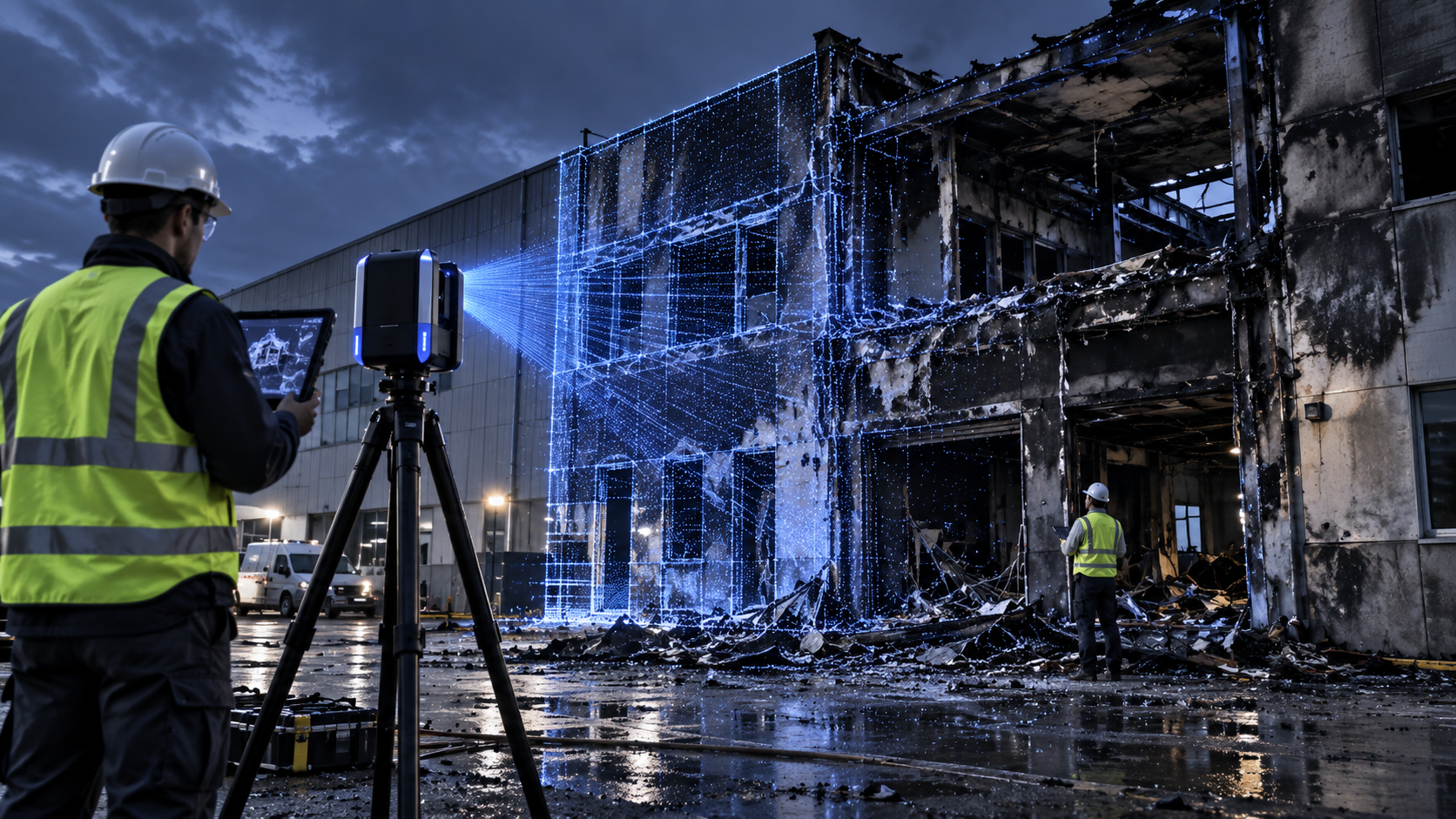 Technicians scanning a fire-damaged commercial building