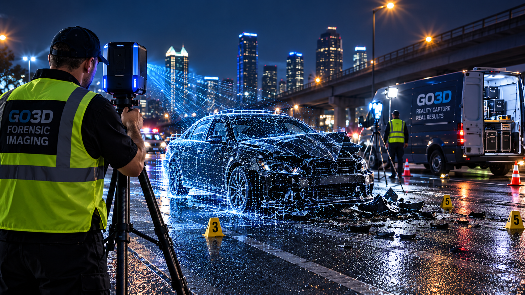 Scene documentation team scanning a damaged vehicle