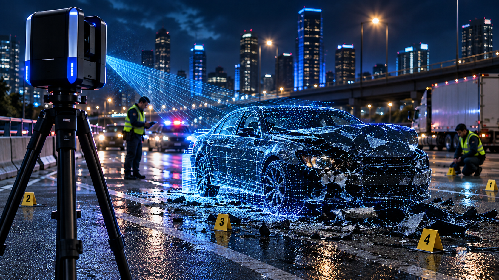 Scanner recording vehicle damage and the surrounding roadway
