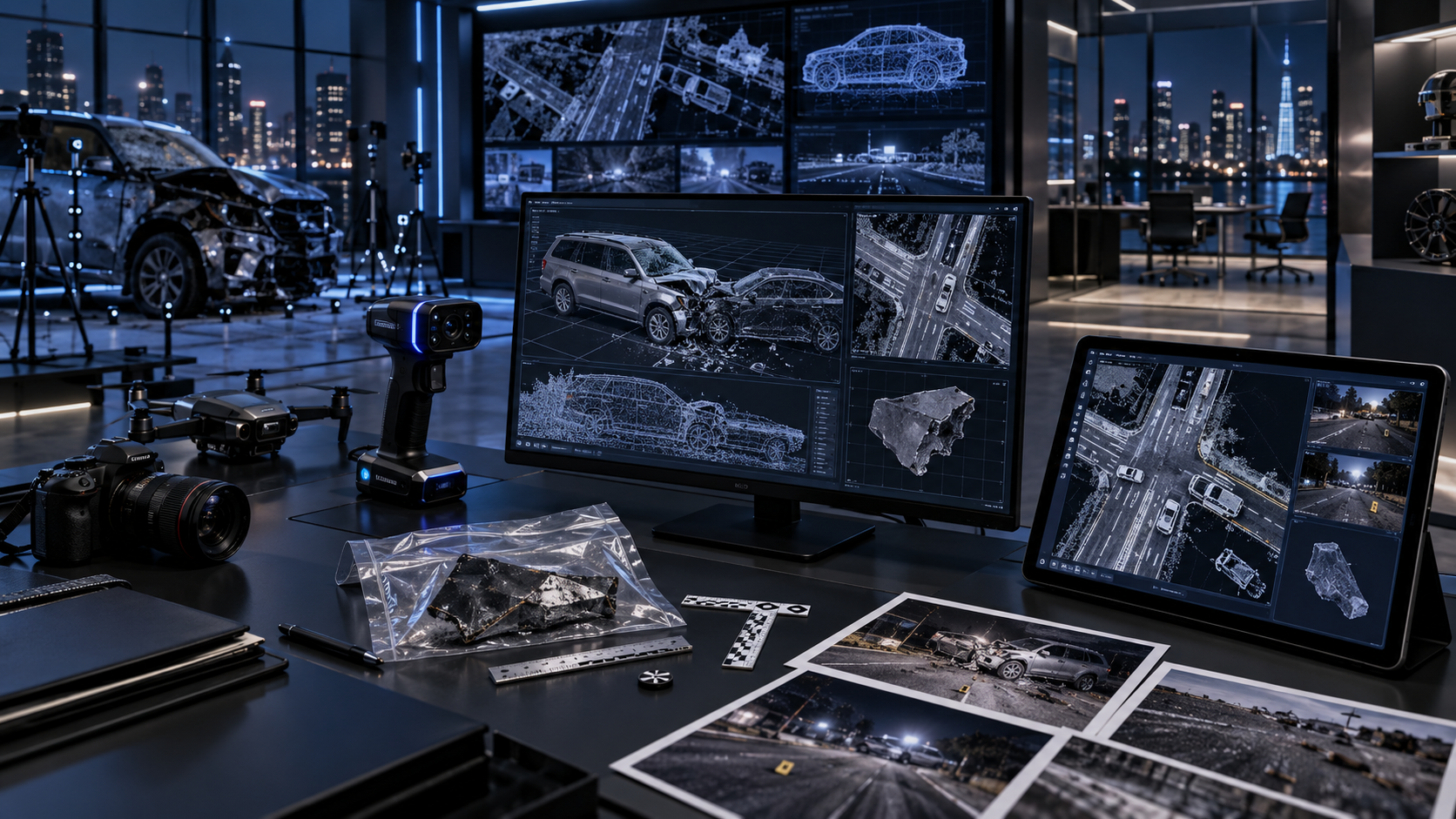Forensic workstation with scan data, physical evidence and scene photographs