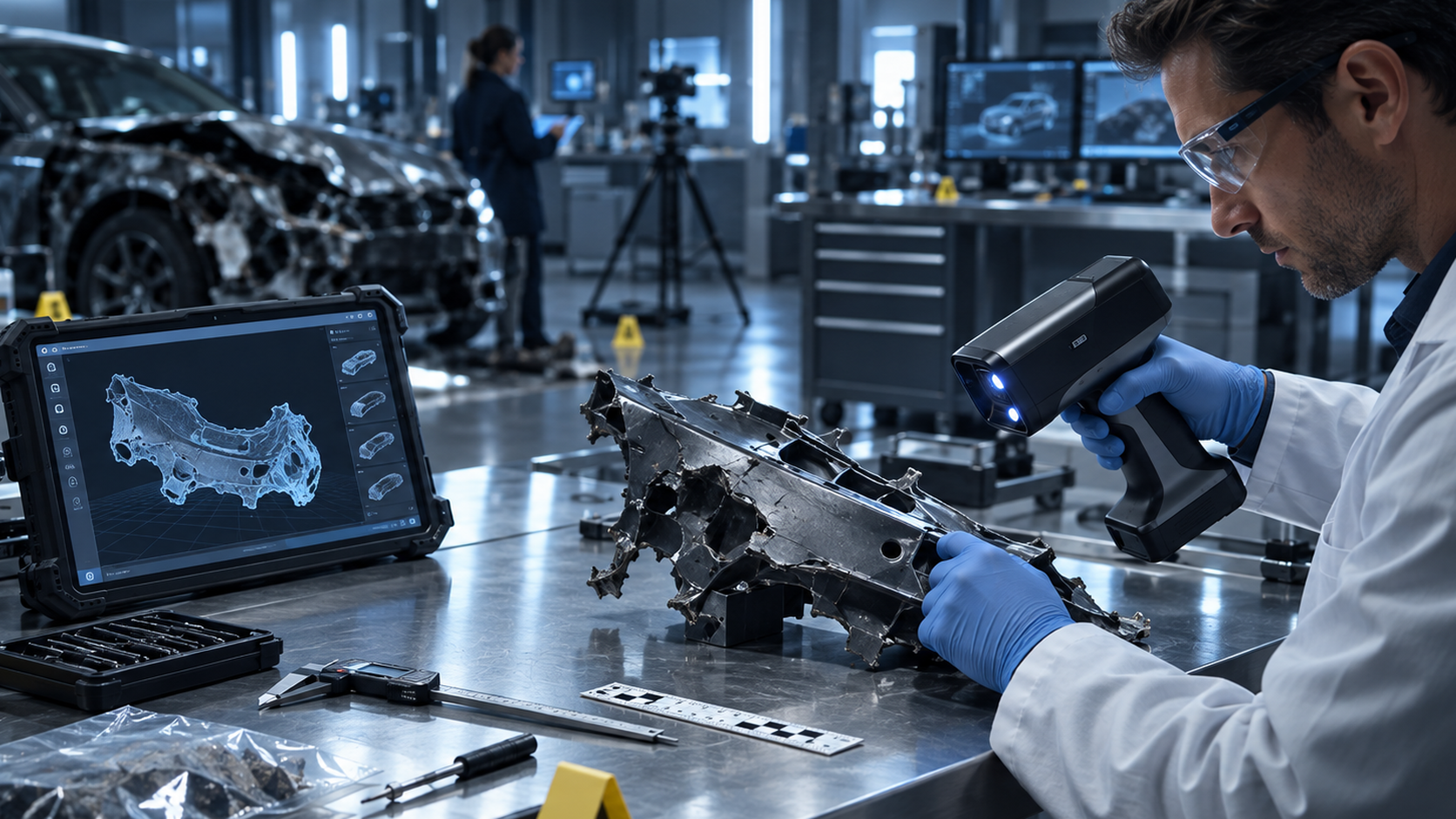 Technician scanning a damaged mechanical component in a laboratory