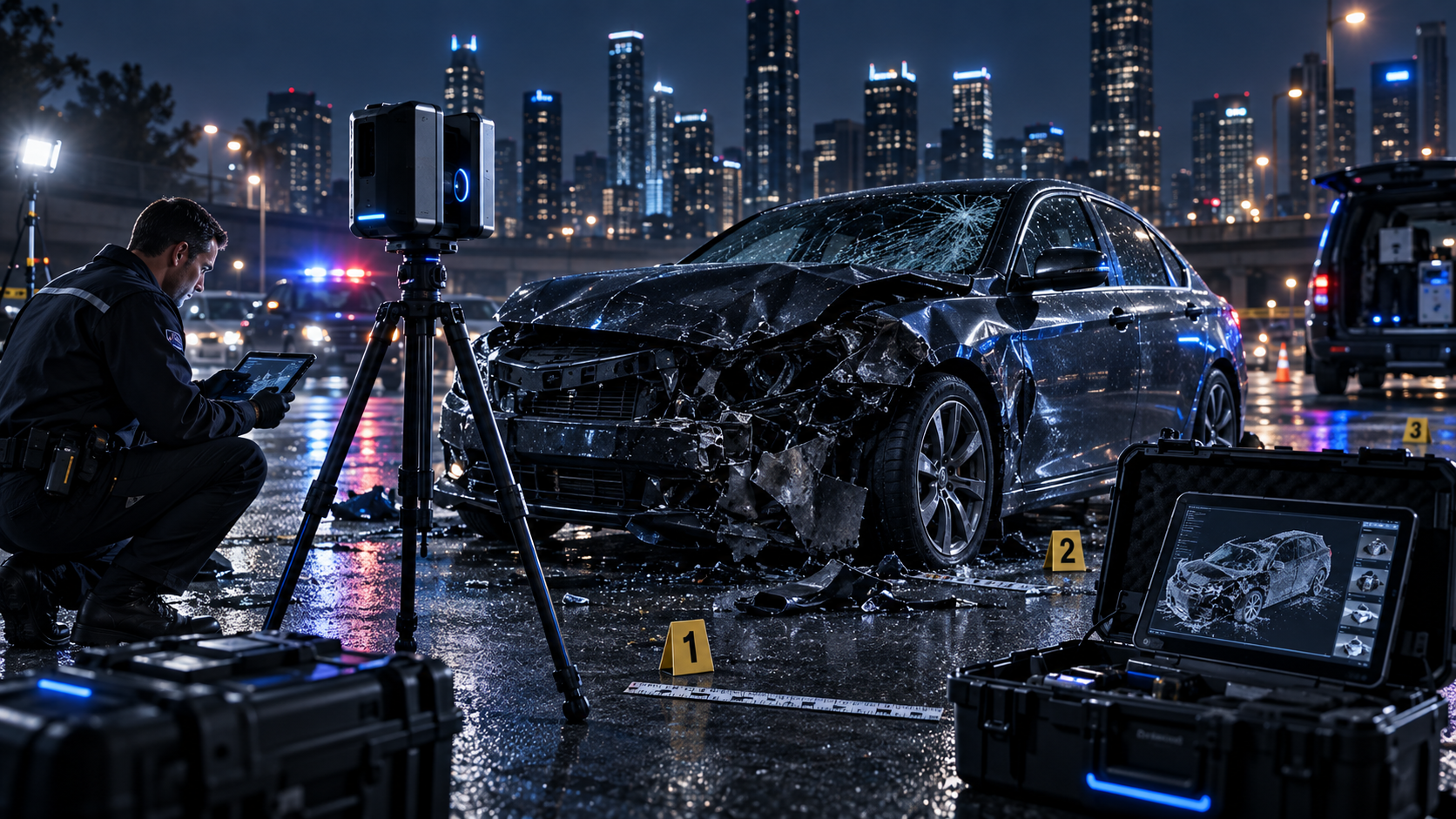 3D laser scanner documenting a damaged vehicle at a nighttime collision scene