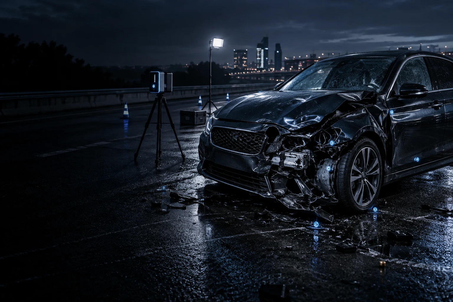 Forensic scene capture concept featuring a damaged vehicle