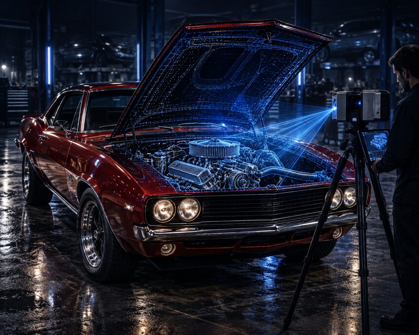 3D scan of a classic Camaro and its exposed engine