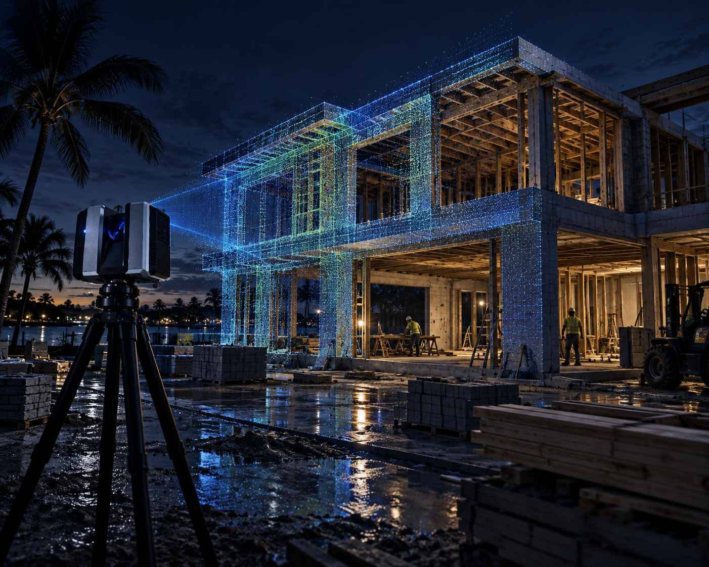 Modern Florida house under construction with a 3D scan overlay