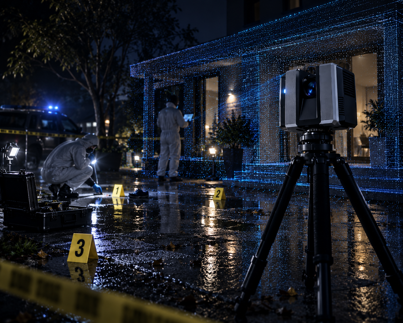 Forensic team documenting an outdoor crime scene with a laser scanner