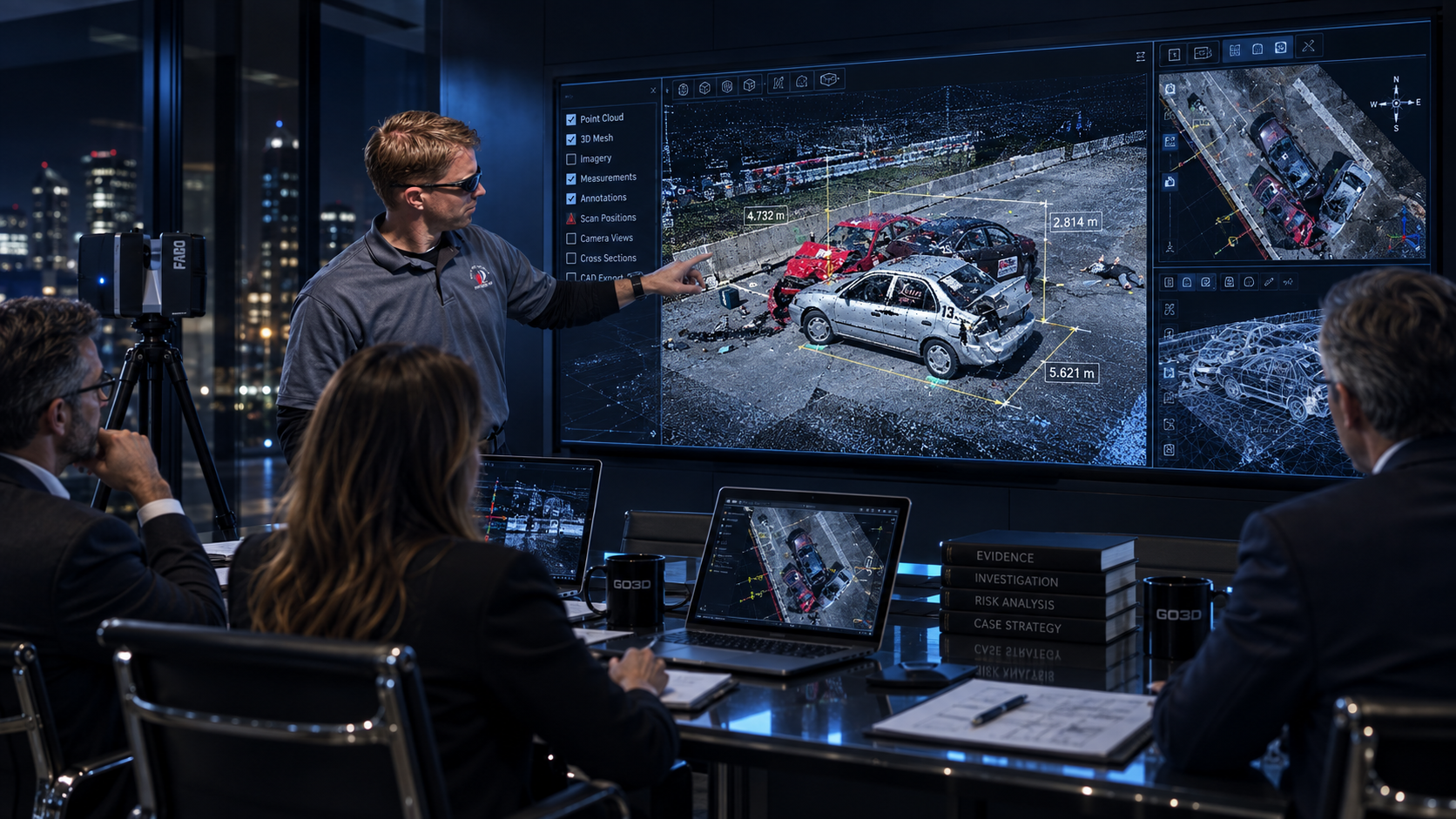 Technical team reviewing point clouds, vehicle models and measurements of a collision scene