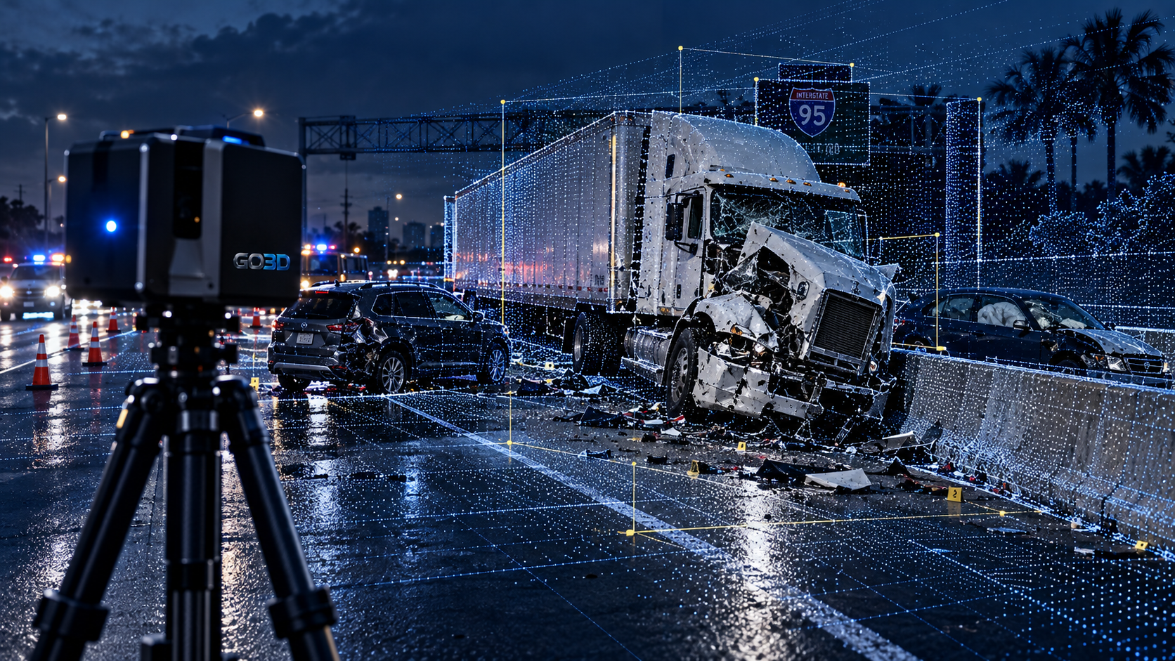 Physical vehicle scene transitioning into a blue spatial point cloud
