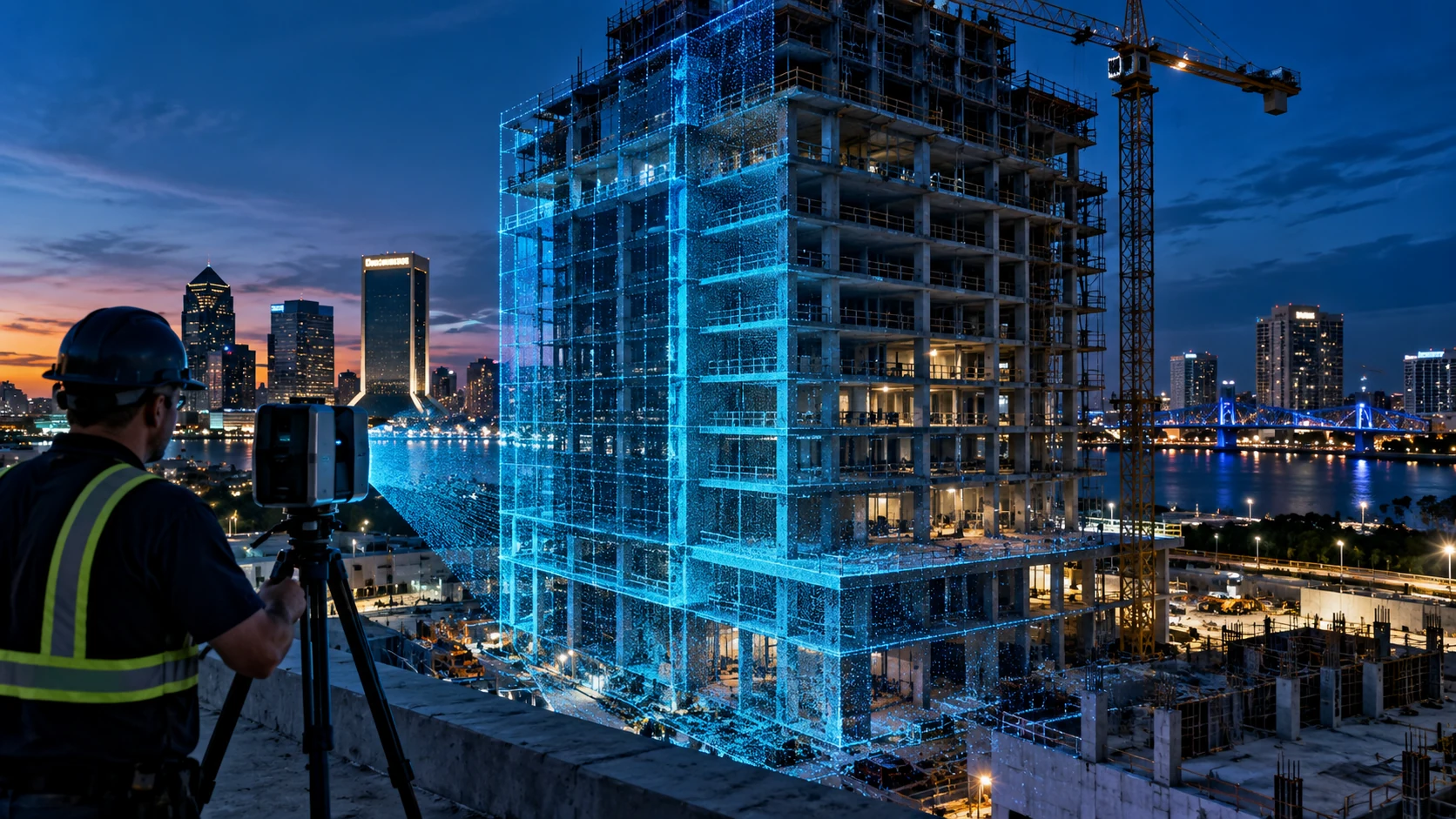 A scanner operator capturing the geometry of a multistory building