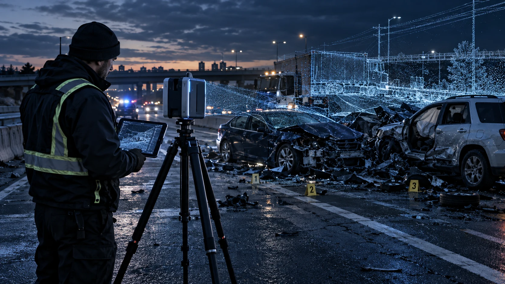 A tripod laser scanner documenting damaged vehicles with a blue scene geometry overlay