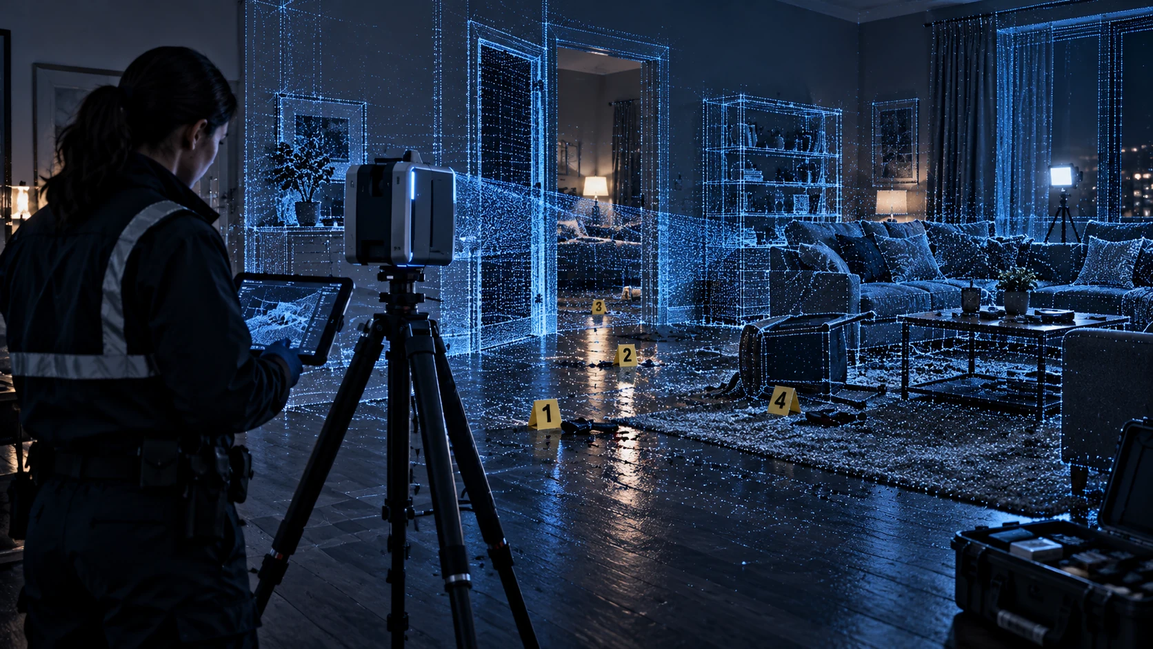 A technician scanning an interior scene with evidence markers and a point-cloud overlay