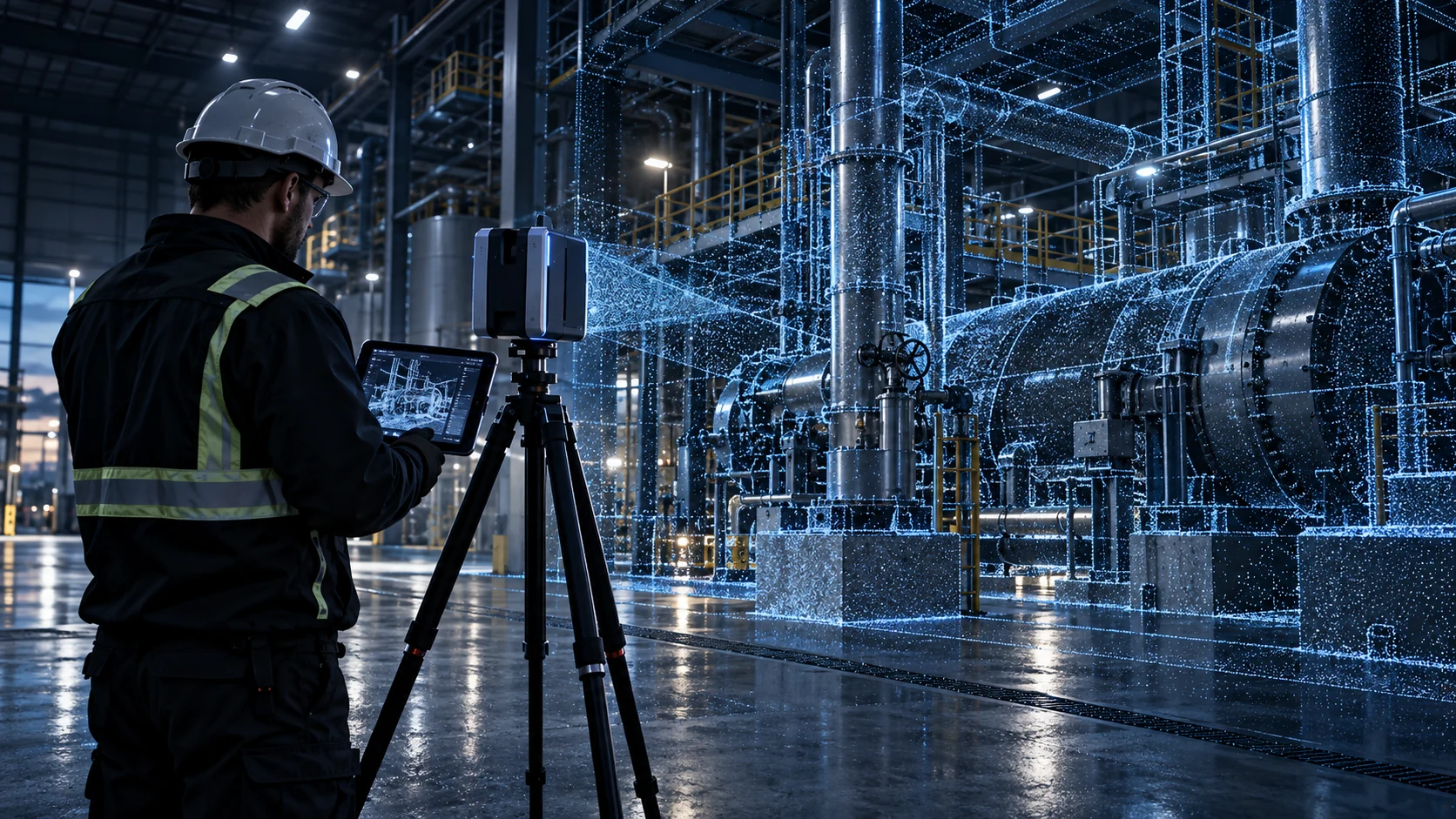 A technician scanning industrial equipment and pipework with a tripod scanner