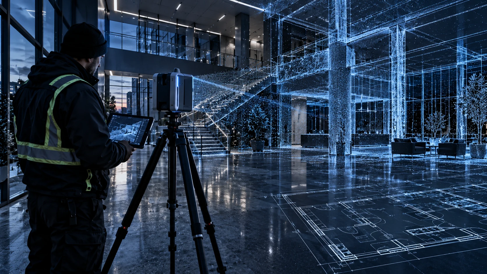 A laser scanner capturing an interior with columns, stairs and architectural geometry