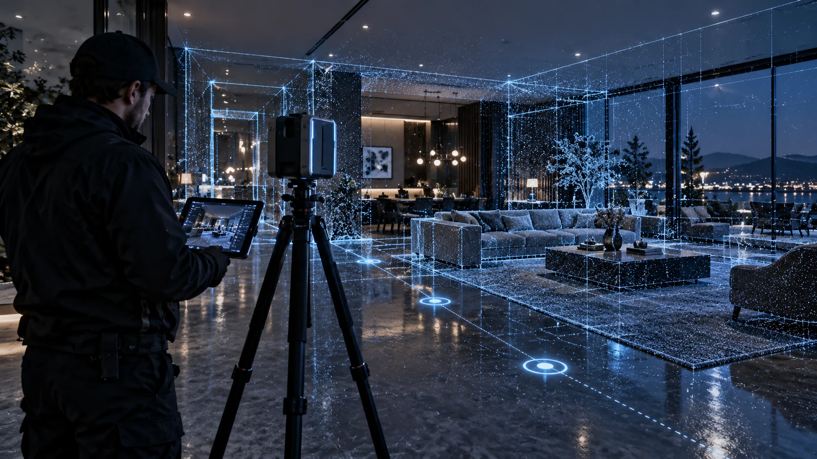An interior capture scene with a scanner and visual navigation points